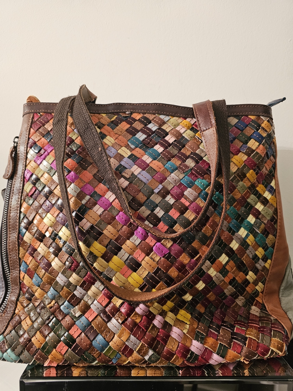Vera Pelle Multicolor Woven Leather Tote with Brown Trim